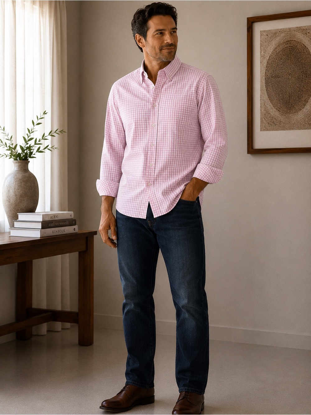 Men's Pink Gingham Button-Down Shirt. BB27